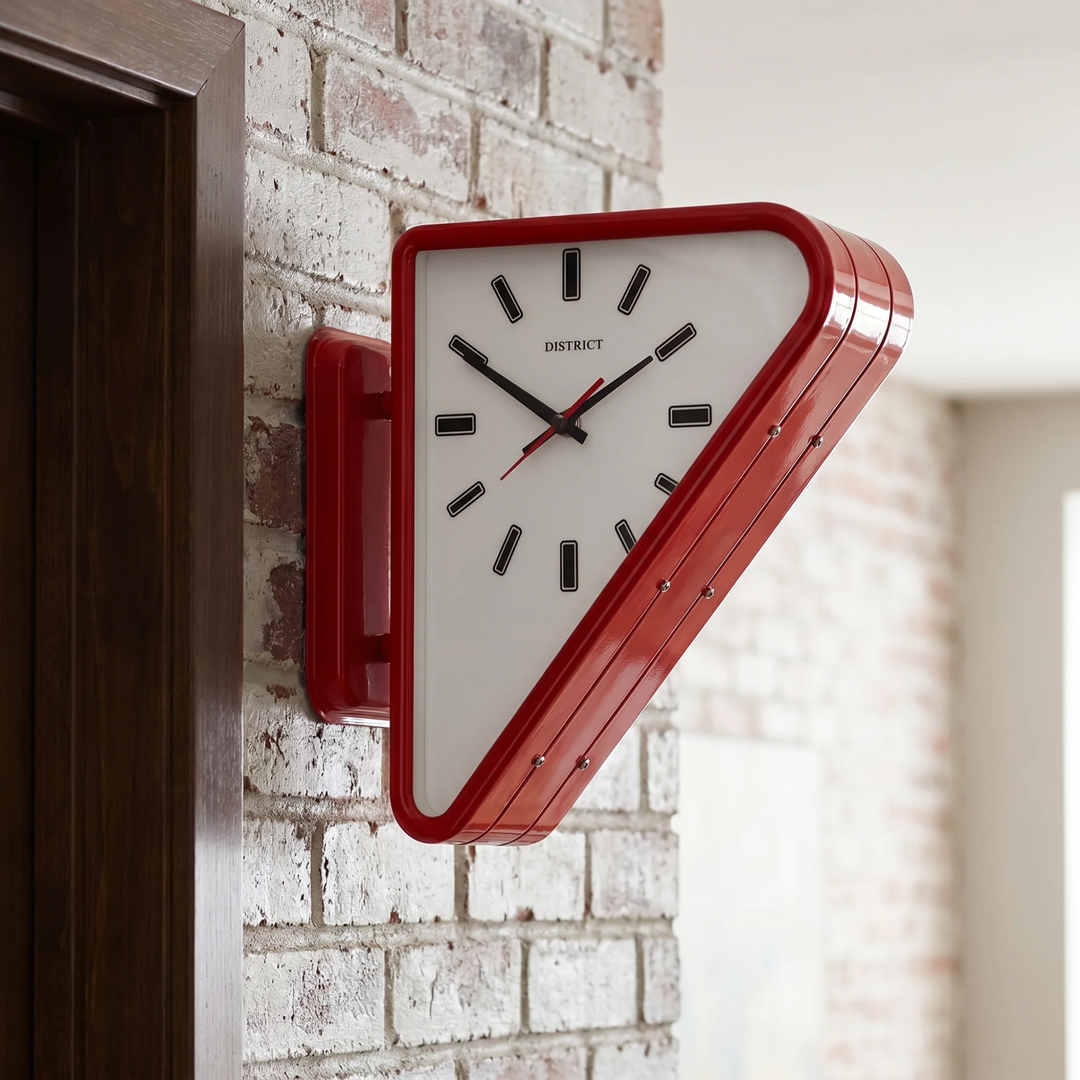 Red Double-Sided Triangle Wall Clock on brick wall lifestyle