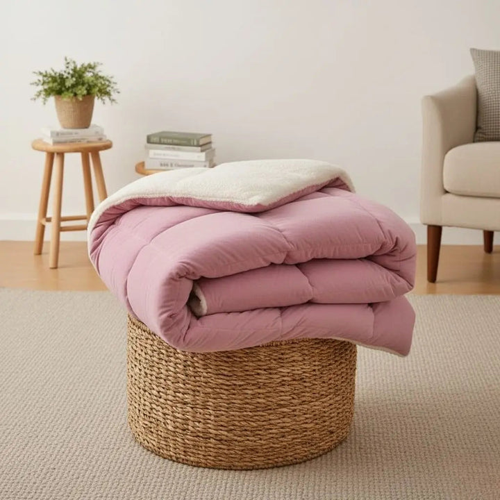 Bean Pink Velvet Quilted Comforter folded lifestyle