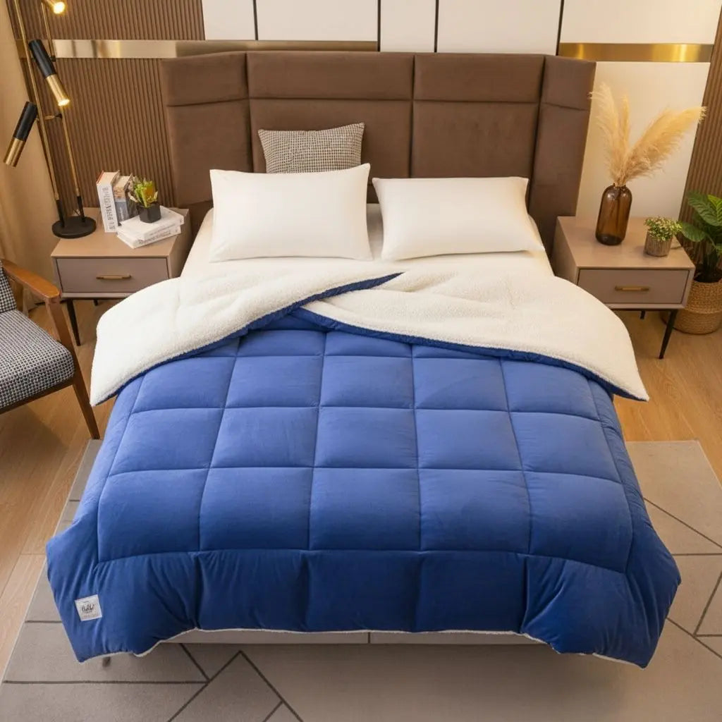 Blue Double-Sided Velvet Quilted Comforter on bed front view