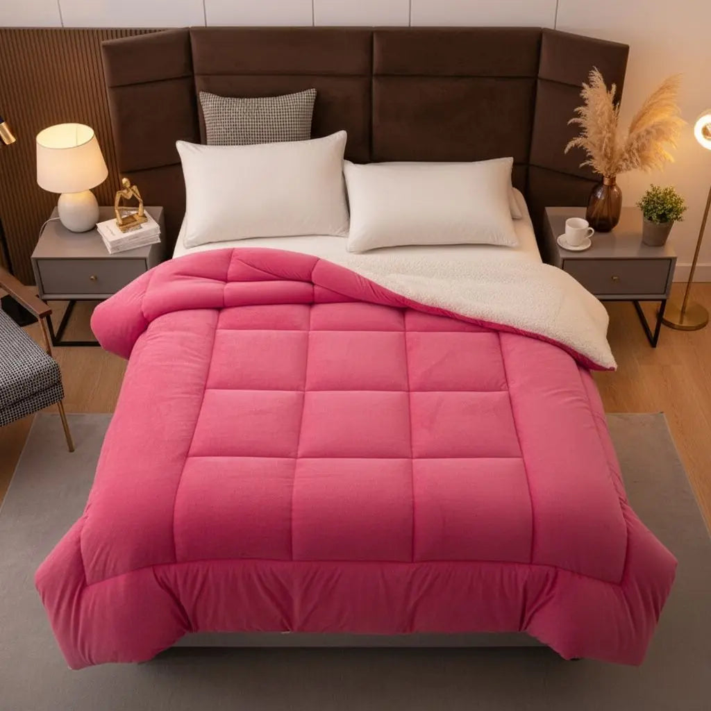 Cherry Powder Double-Sided Velvet Quilted Comforter on bed front view