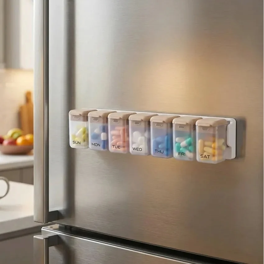 7-Day Magnetic Medication Case mounted on refrigerator
