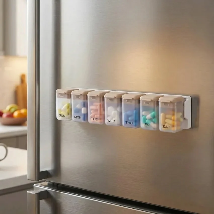 7-Day Magnetic Medication Case mounted on refrigerator