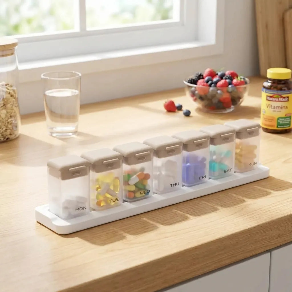 7-Day Magnetic Medication Case on kitchen counter lifestyle