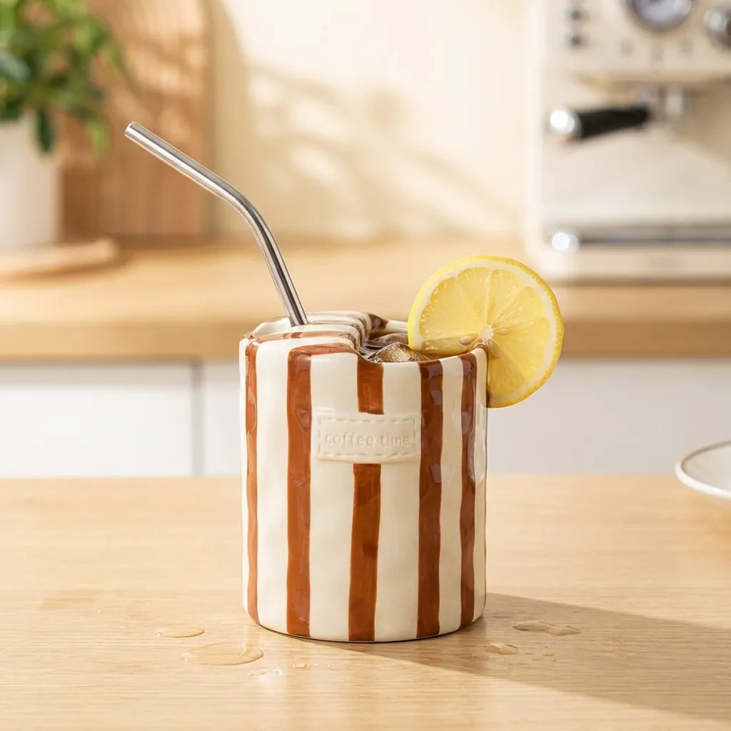Brown Retro Striped Ceramic Mug with iced drink, straw, and lemon slice