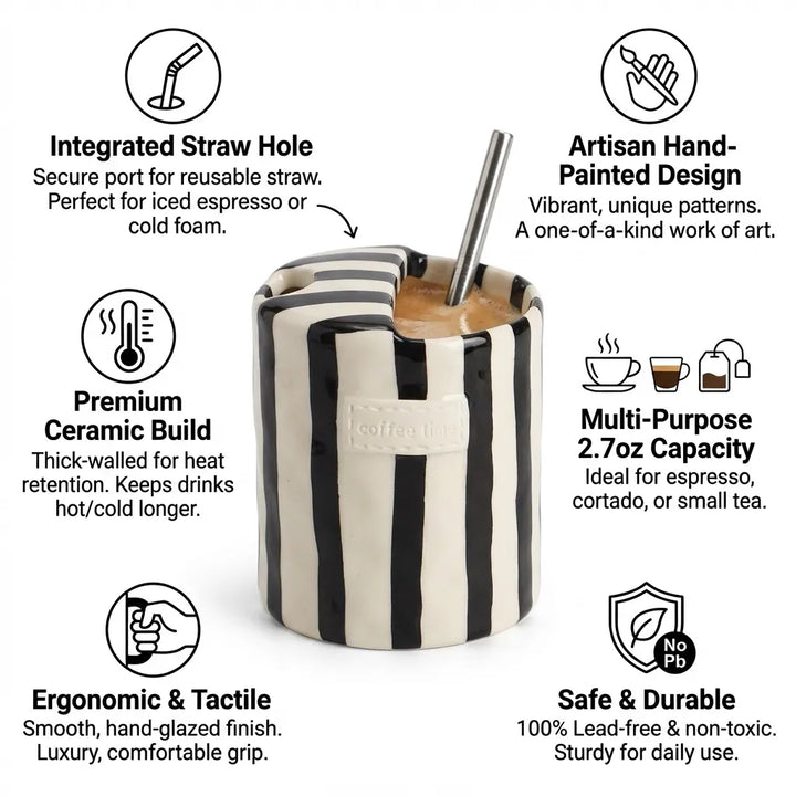 Black Retro Striped Ceramic Mug feature highlights infographic