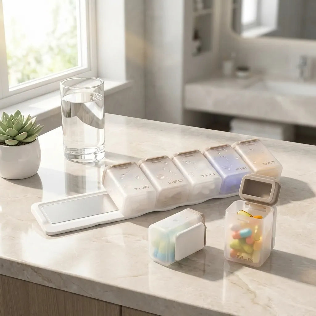7-Day Magnetic Medication Case detached pods with pills on counter