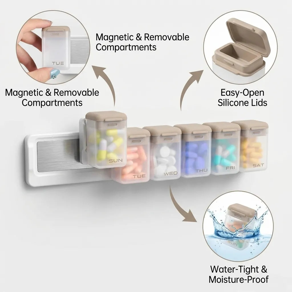 7-Day Magnetic Medication Case magnetic pod and feature detail