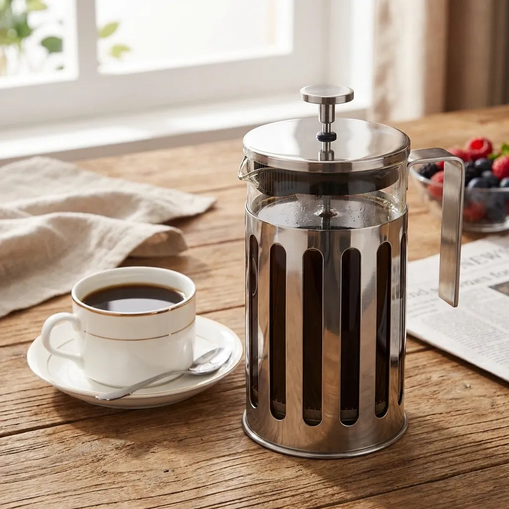 Silver Glass Coffee Brewer lifestyle with coffee and berries