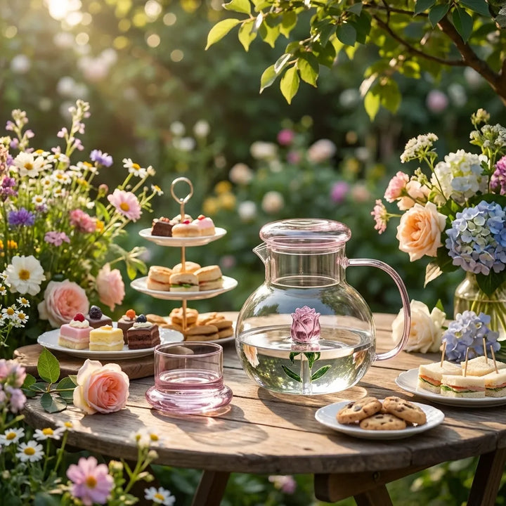 Rose Blossom Glass Teapot at outdoor garden tea party with pastries and flowers
