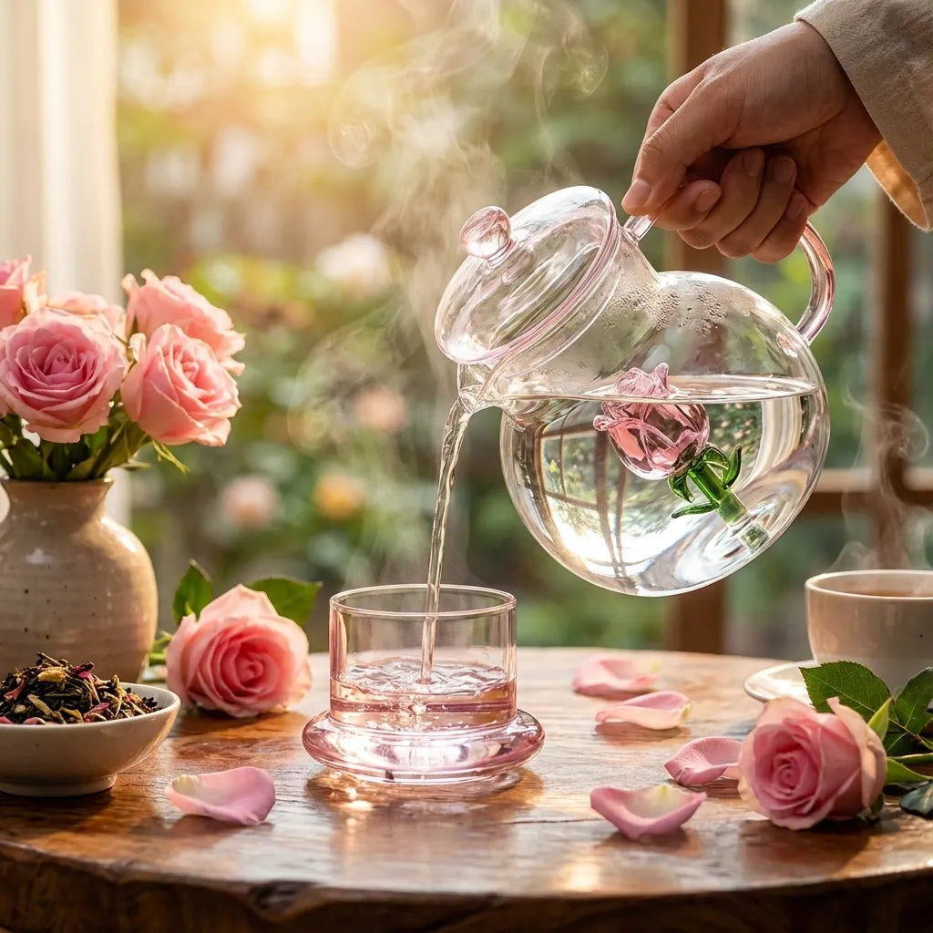Rose Blossom Glass Teapot pouring tea into glass cup with roses