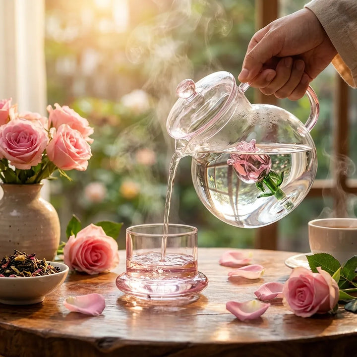 Rose Blossom Glass Teapot pouring tea into glass cup with roses