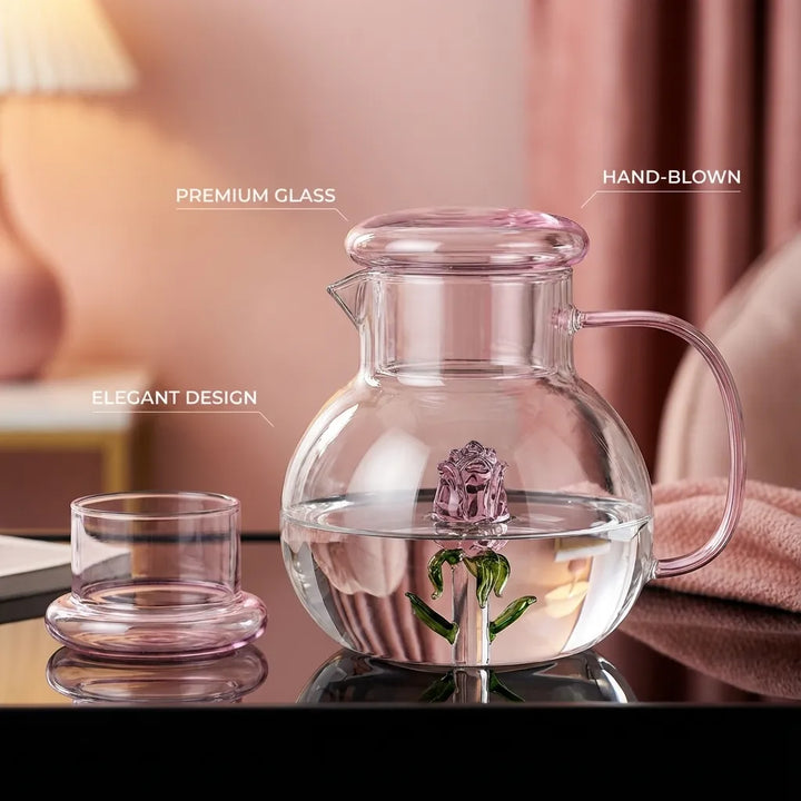 Rose Blossom Glass Teapot with lid cup, hand-blown premium glass detail