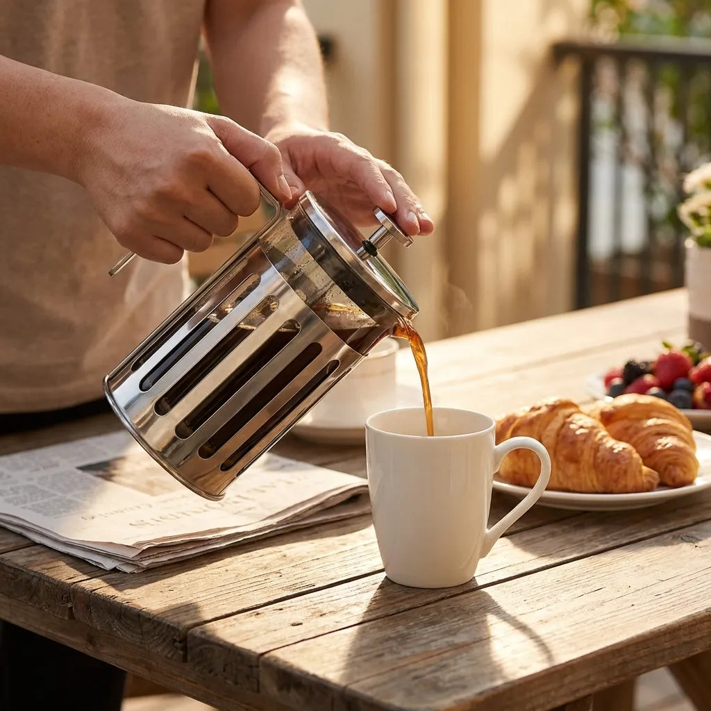 Silver Glass Coffee Brewer in use pouring coffee outdoors