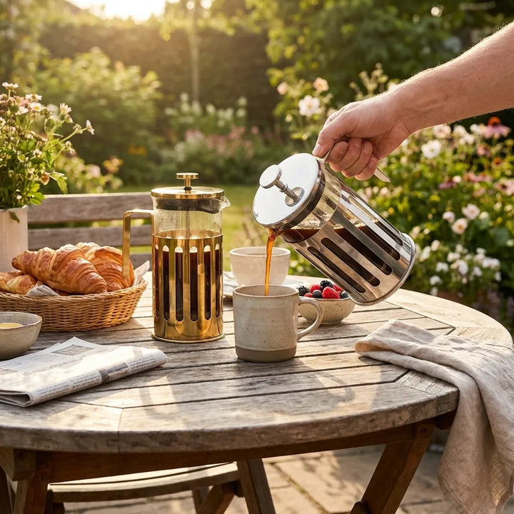 Golden Glass Coffee Brewer in use pouring coffee outdoors