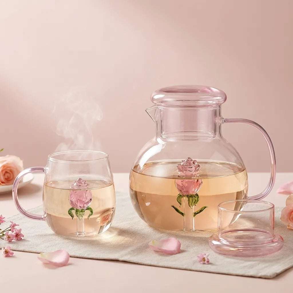 Rose Blossom Glass Teapot with lid, paired with matching glass mug
