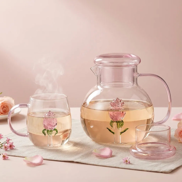 Rose Blossom Glass Teapot with lid, paired with matching glass mug