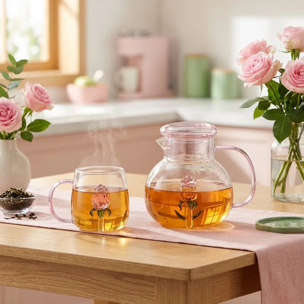 Rose Blossom Glass Teapot lifestyle on kitchen table with tea and roses