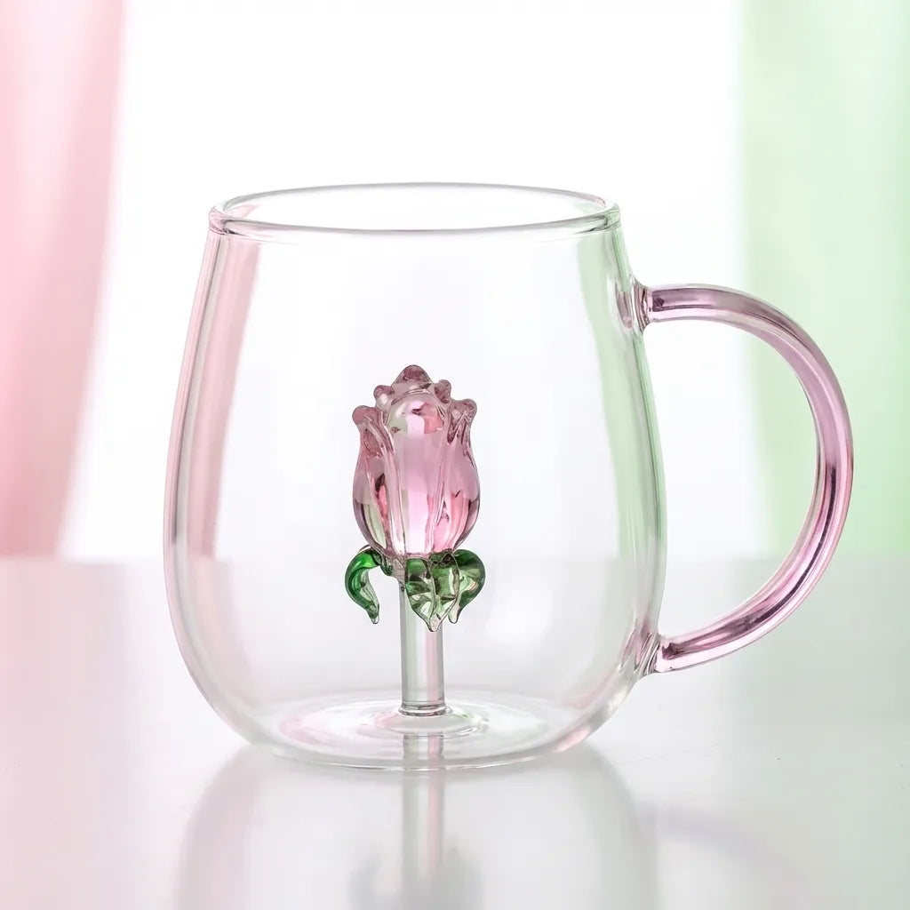 Rose Blossom Glass Teapot collection matching rose glass mug close-up