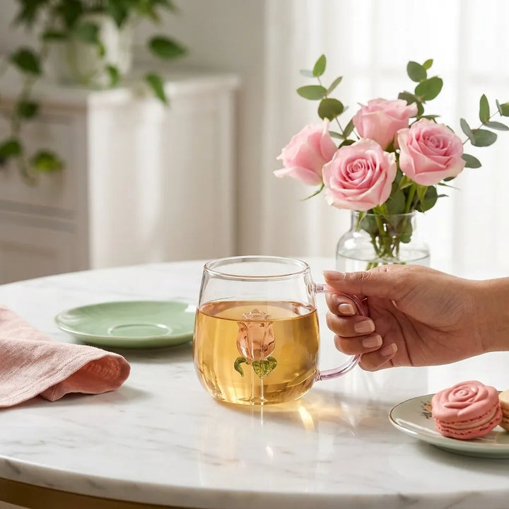 Rose Blossom Glass Teapot collection matching rose glass mug held in hand with tea