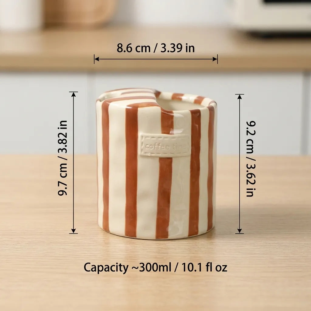 Brown Retro Striped Ceramic Mug with size and capacity dimensions