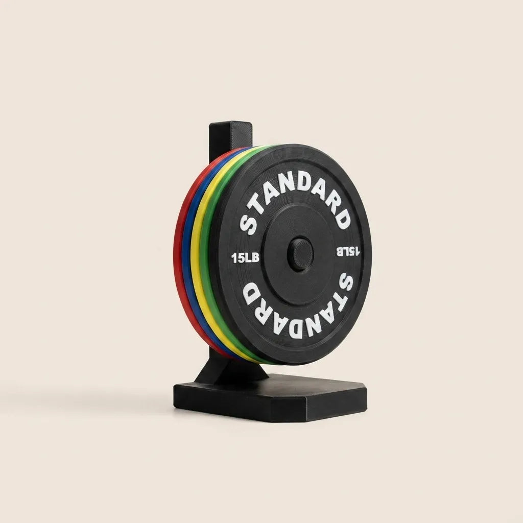 Multicolor Barbell Plate Coaster Set full view on stand