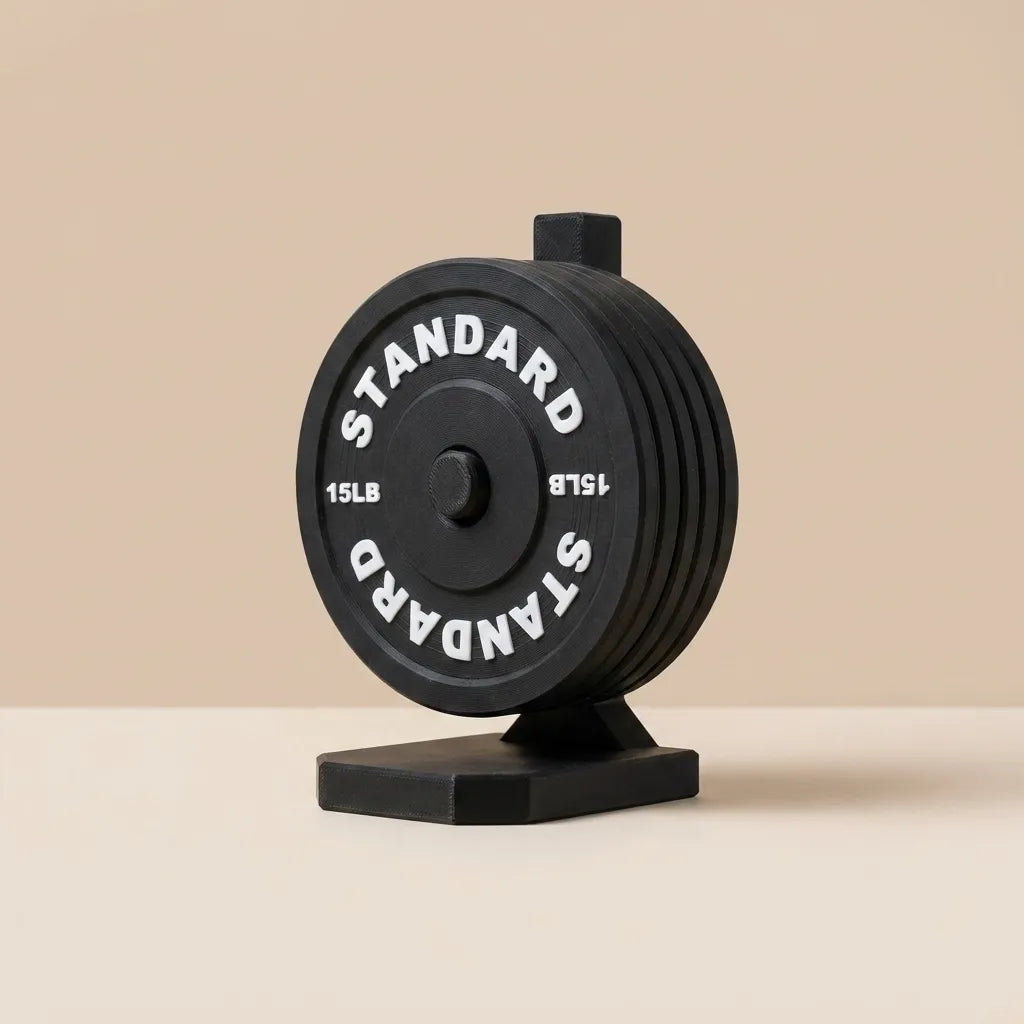 Black Barbell Plate Coaster Set with storage stand