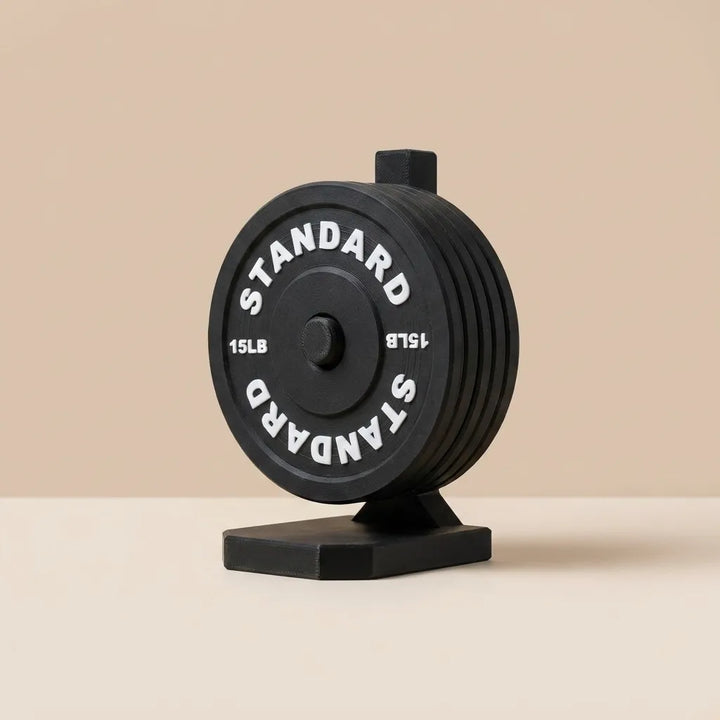 Black Barbell Plate Coaster Set with storage stand