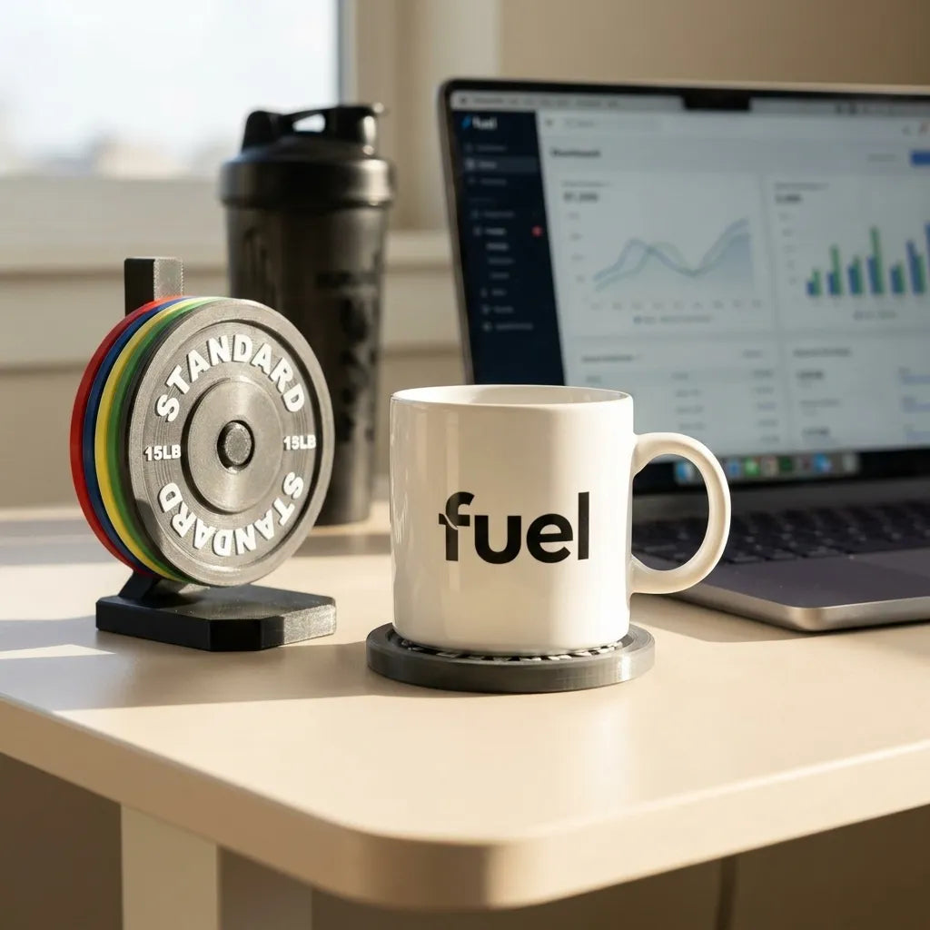 Multicolor Barbell Plate Coaster Set lifestyle on desk