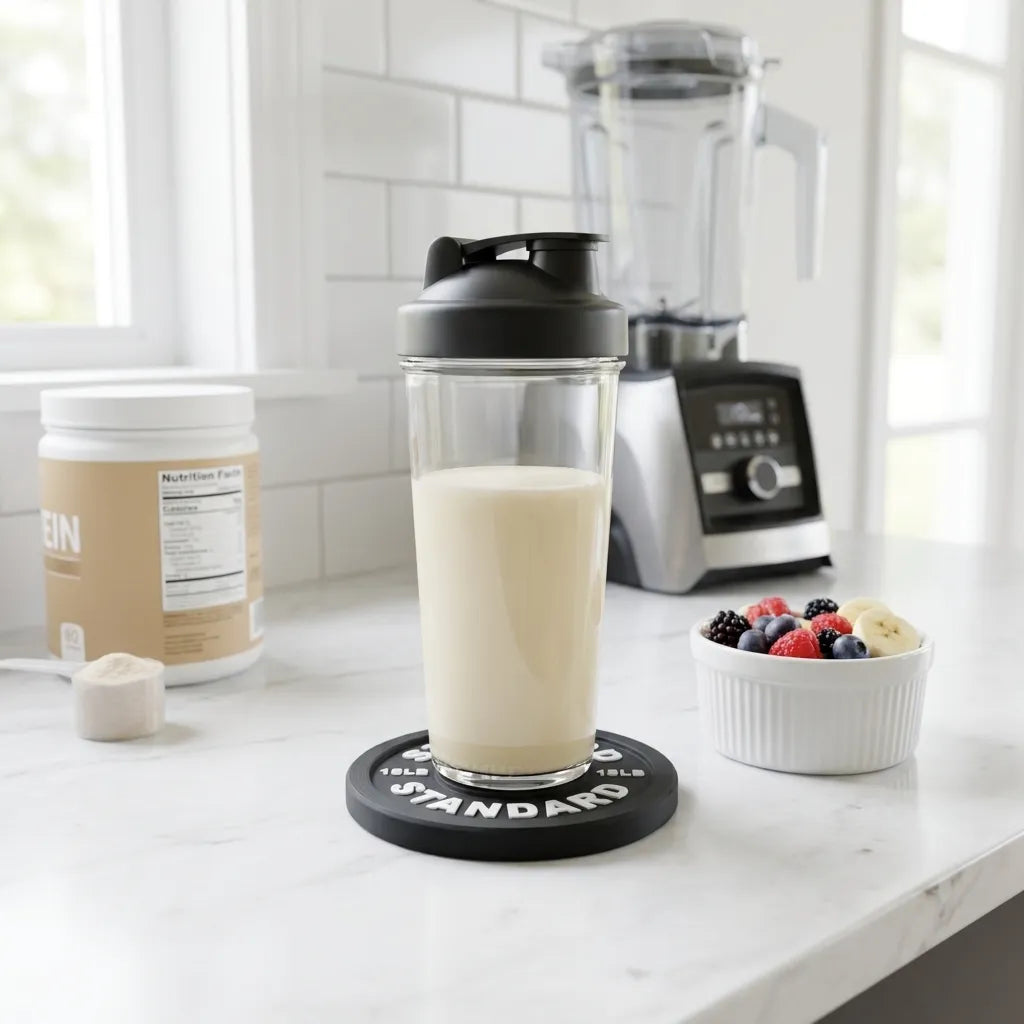 Black Barbell Plate Coaster on tabletop with protein shake
