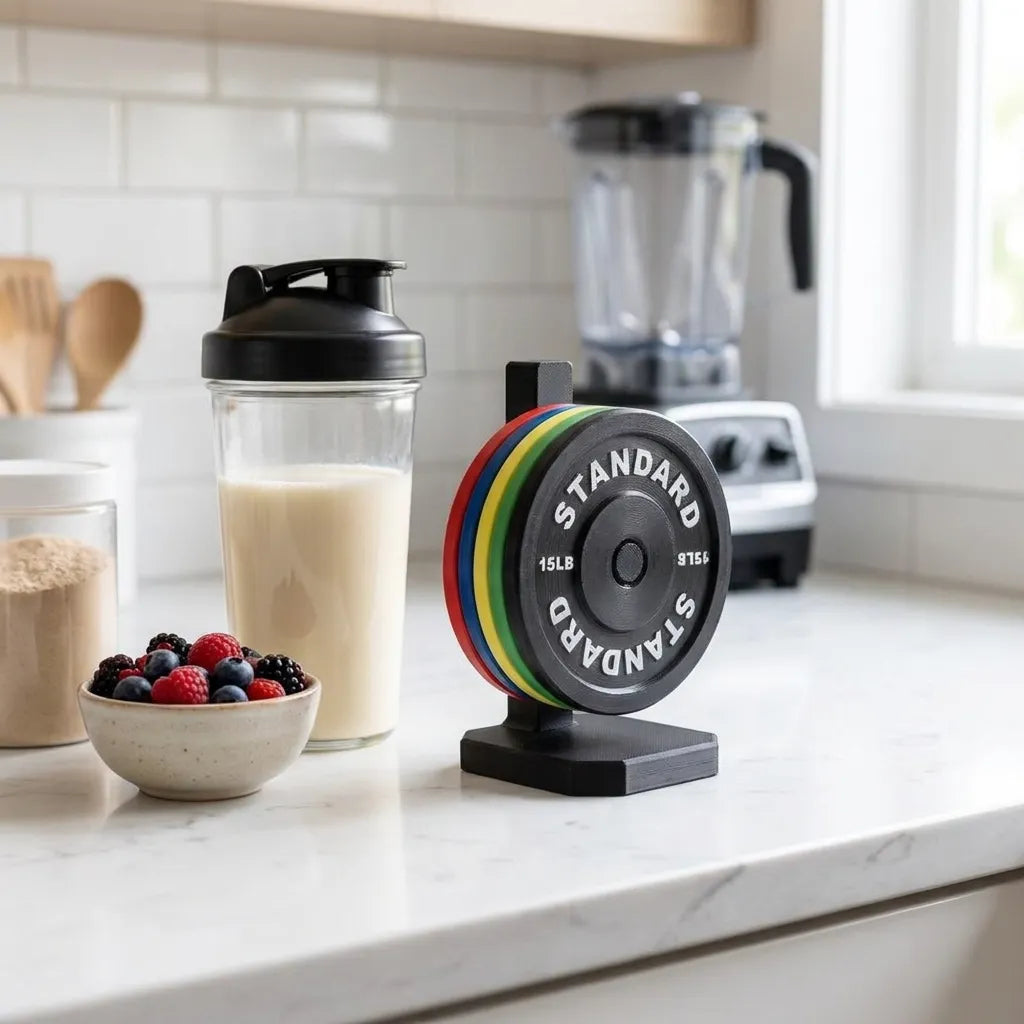Multicolor Barbell Plate Coaster Set on kitchen counter