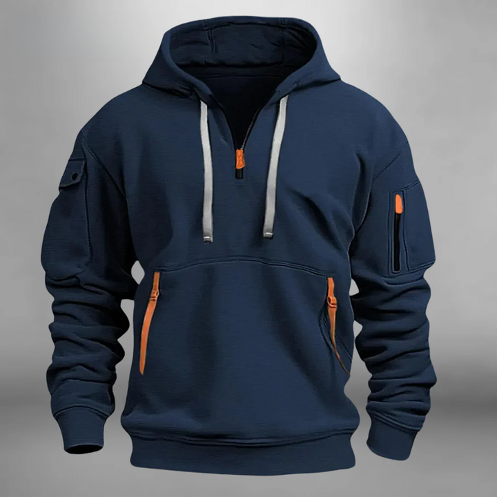 Blue Drawstring Quarter Zip Hoodie front view