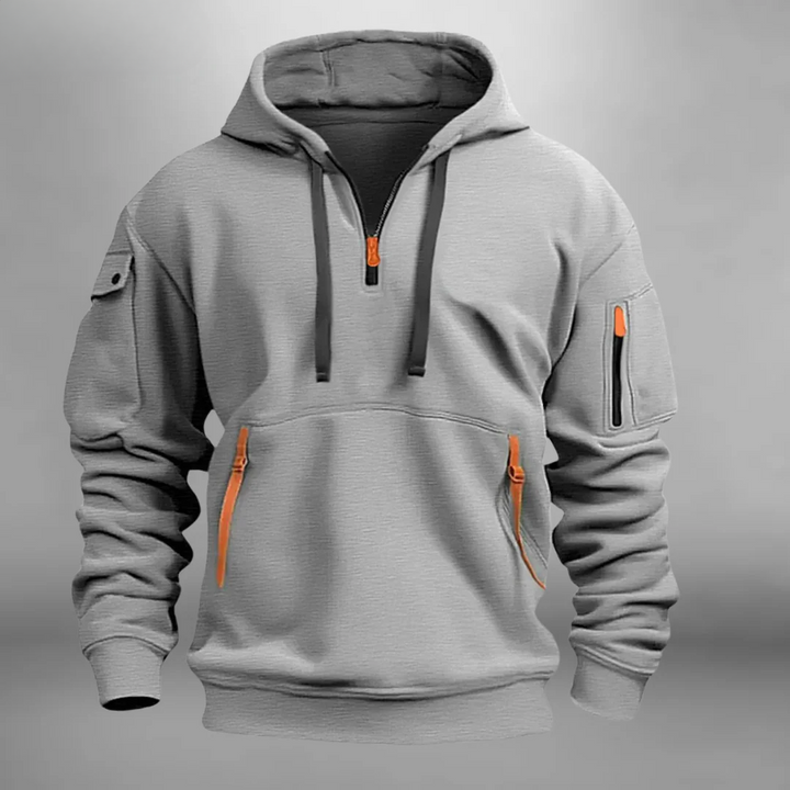 Gray Drawstring Quarter Zip Hoodie front view