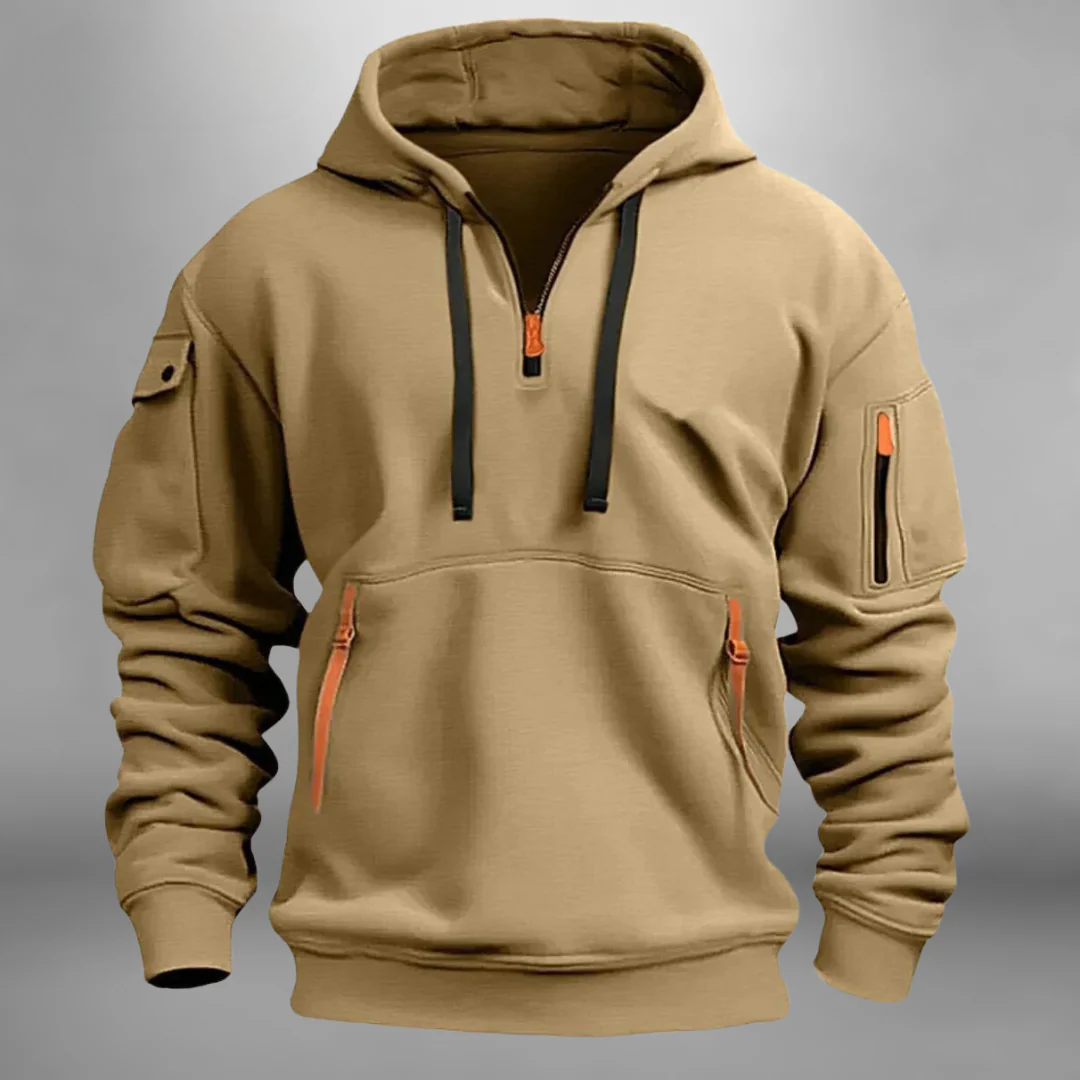 Khaki Drawstring Quarter Zip Hoodie front view