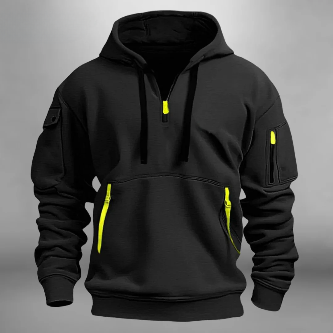 Black Drawstring Quarter Zip Hoodie front view