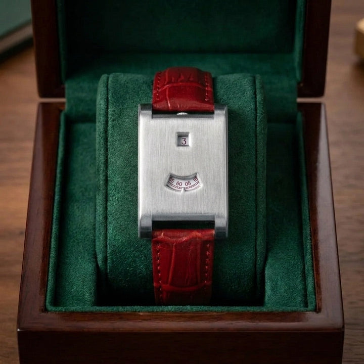 Steel Crimson Dual-Window Leather Watch in presentation box
