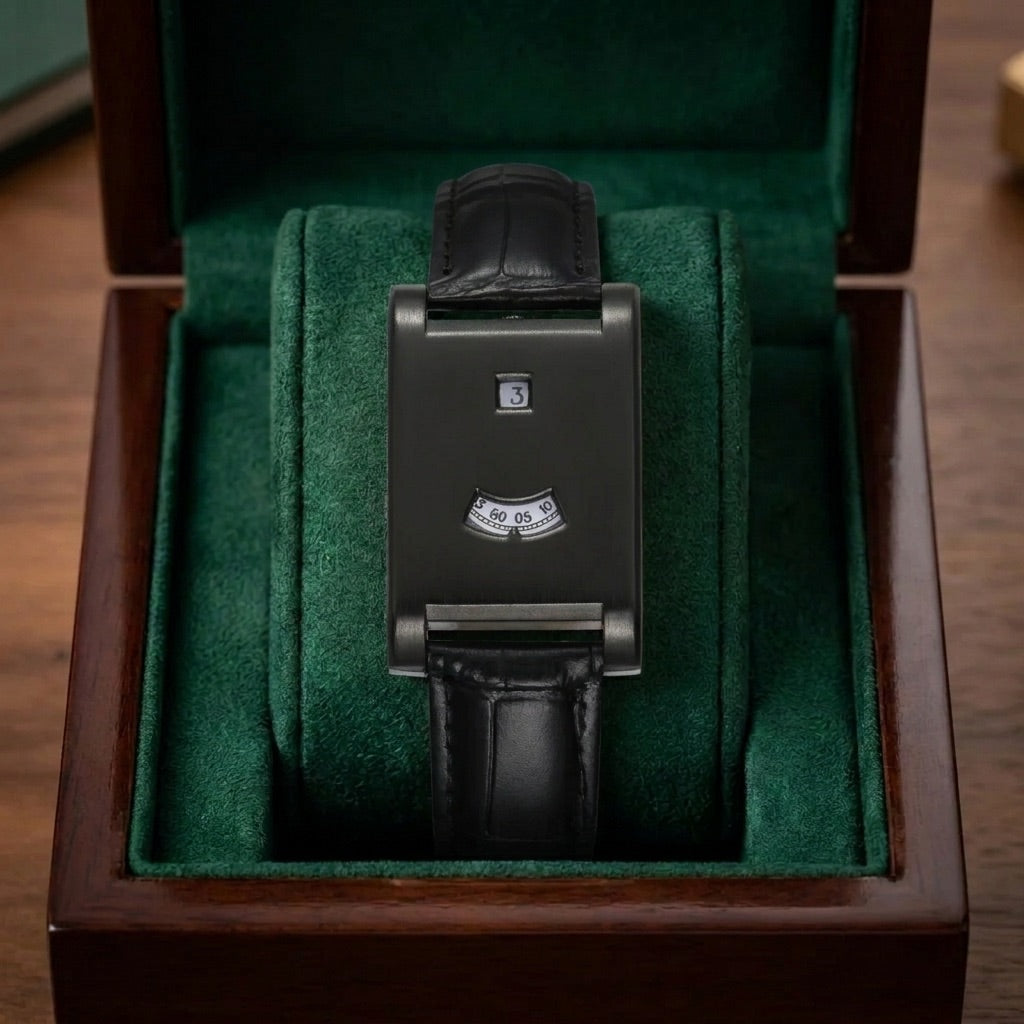 Obsidian Dual-Window Leather Watch in presentation box
