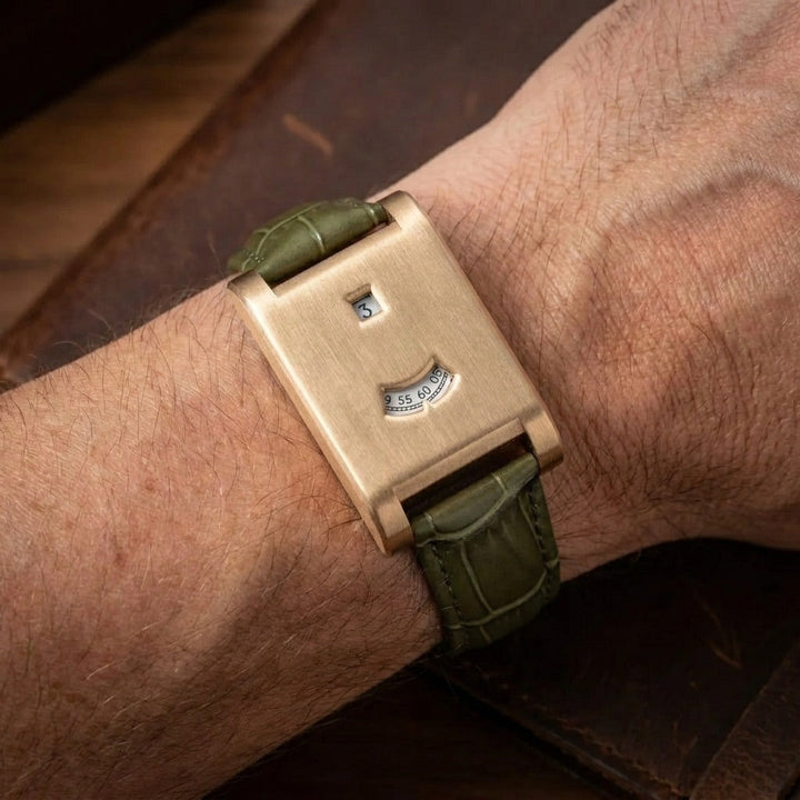 Heritage Green Dual-Window Leather Watch worn on wrist