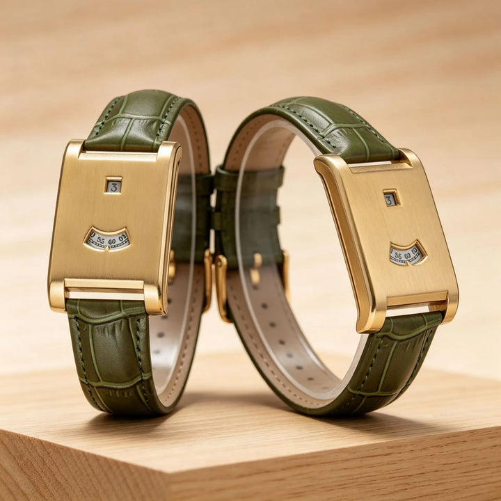 Heritage Green Dual-Window Leather Watch pair standing