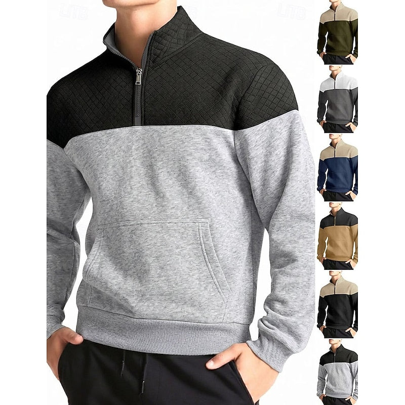 Quilted-Yoke Quarter-Zip Sweatshirt with Kangaroo Pocket