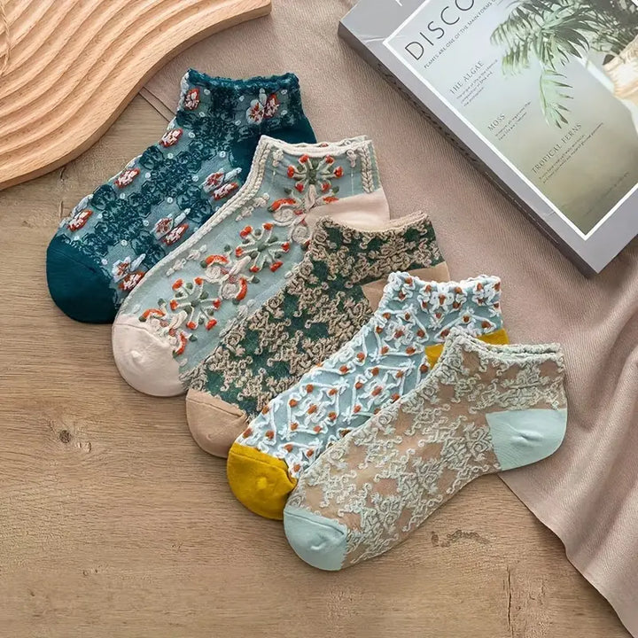 Floral Embroidered Ankle Socks front view