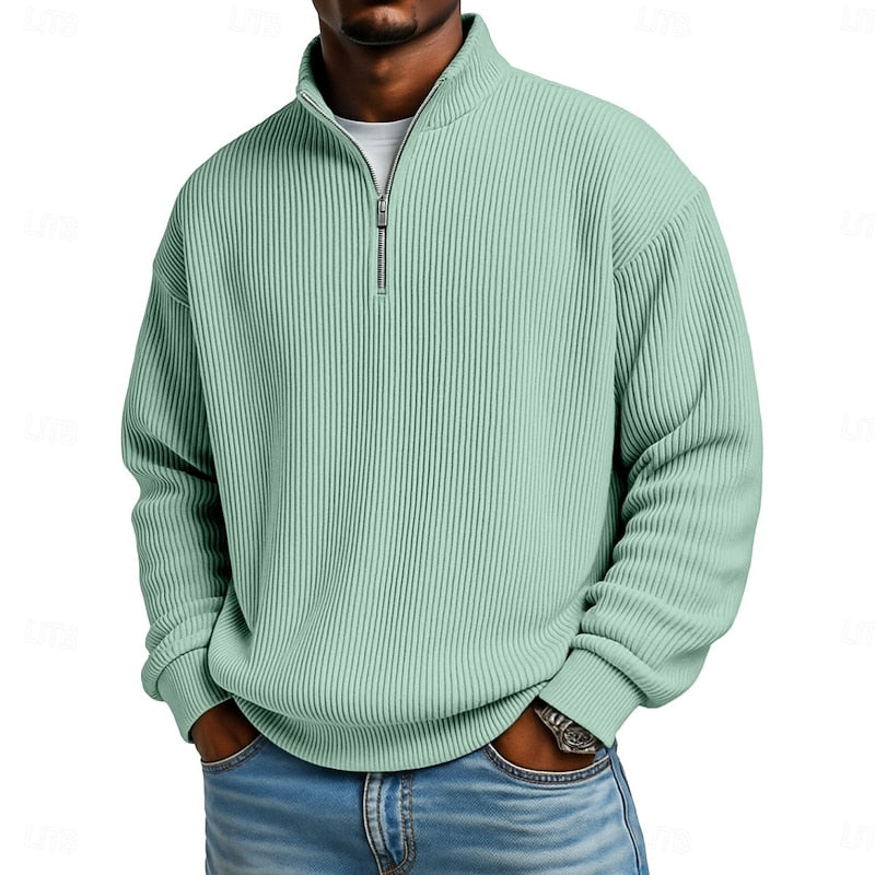 Light Green Easy-Fit Ribbed Quarter-Zip Sweater worn front view