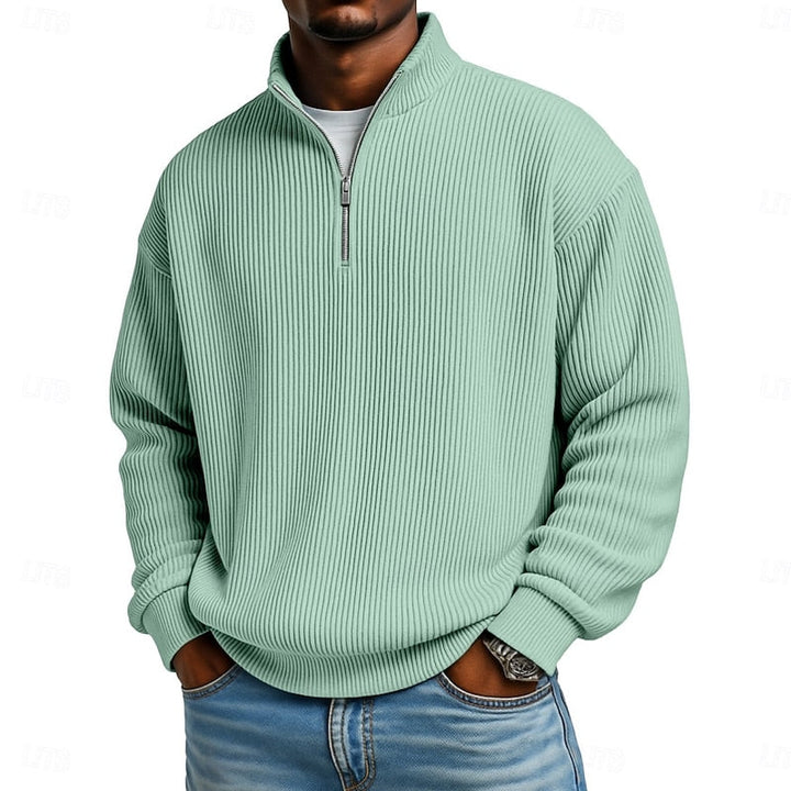 Light Green Easy-Fit Ribbed Quarter-Zip Sweater worn front view