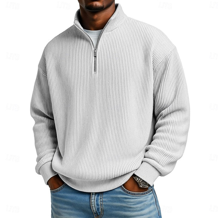 Easy-Fit Ribbed Quarter-Zip Sweater worn front view in a light shade