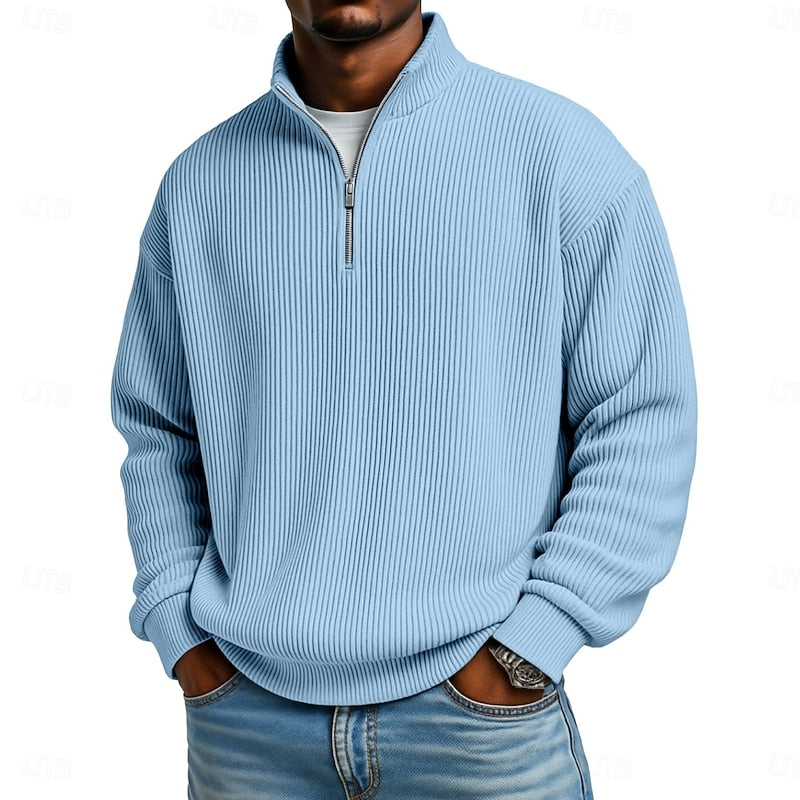 Light Blue Easy-Fit Ribbed Quarter-Zip Sweater worn front view