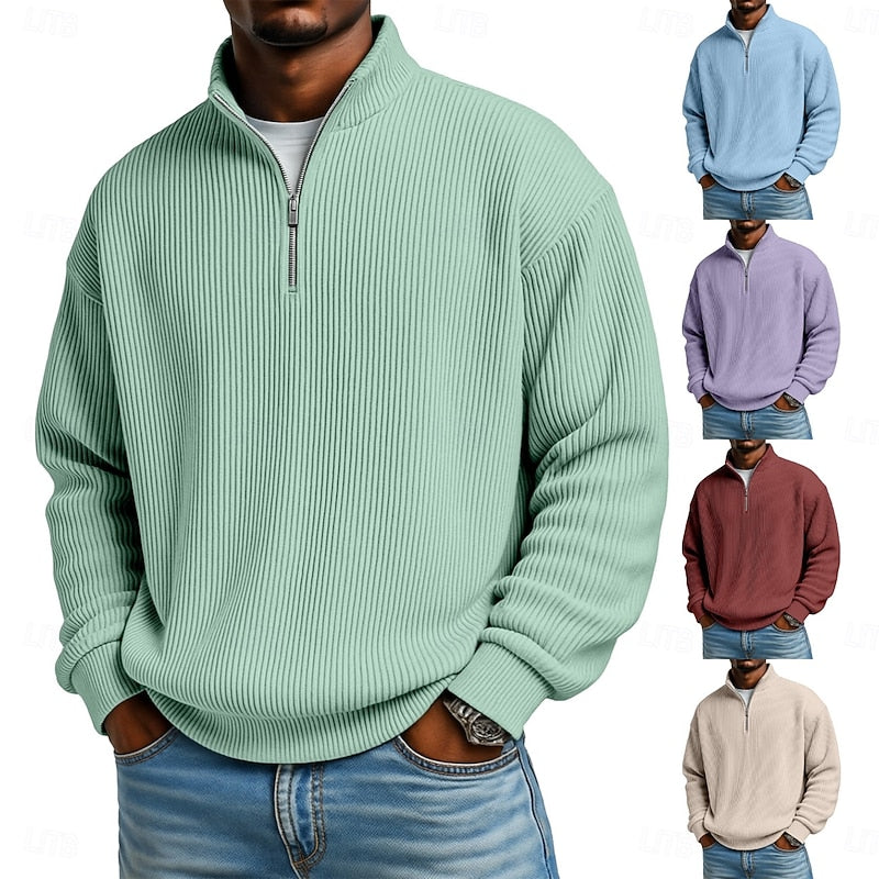 Light Green Easy-Fit Ribbed Quarter-Zip Sweater with color options