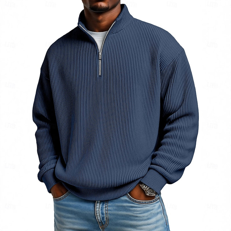 Dark Blue Easy-Fit Ribbed Quarter-Zip Sweater worn front view