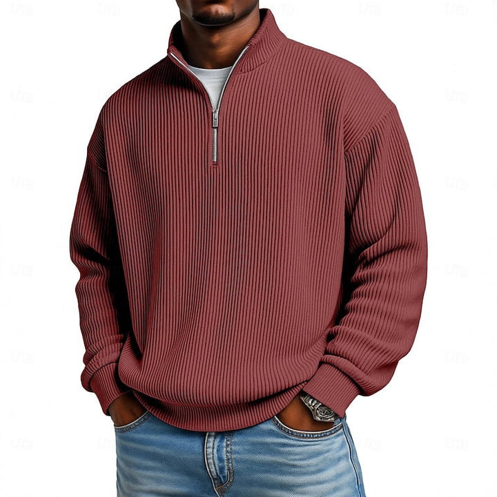 Wine Easy-Fit Ribbed Quarter-Zip Sweater worn front view