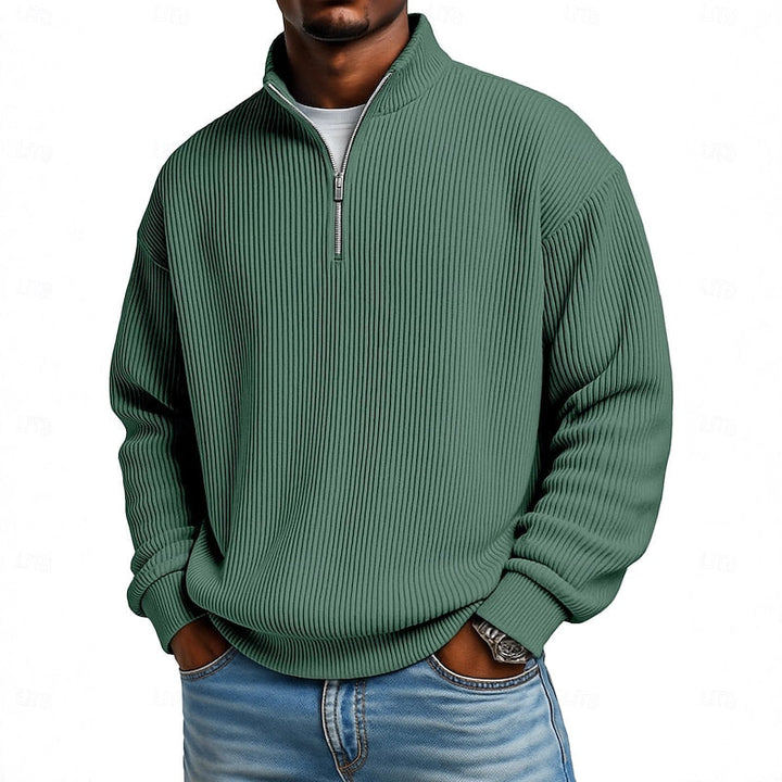 Dark Green Easy-Fit Ribbed Quarter-Zip Sweater worn front view