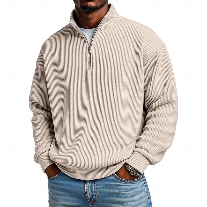 Khaki Easy-Fit Ribbed Quarter-Zip Sweater worn front view