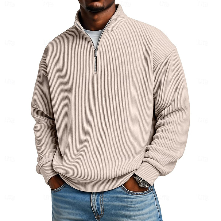 Khaki Easy-Fit Ribbed Quarter-Zip Sweater worn front view